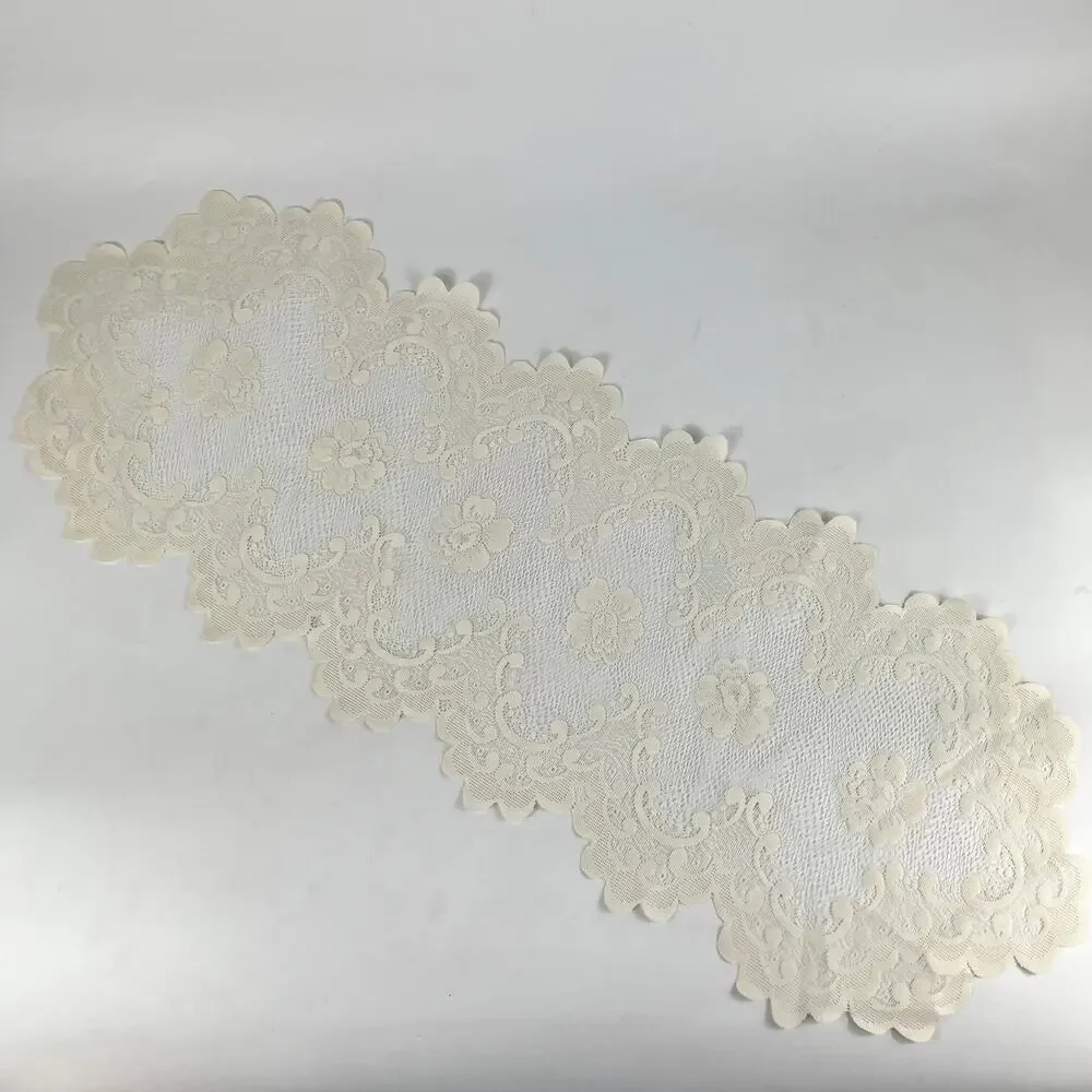 Vintage Ivory Lace Floral Table Runner 34x11 Scalloped Edges Doily Style Decor